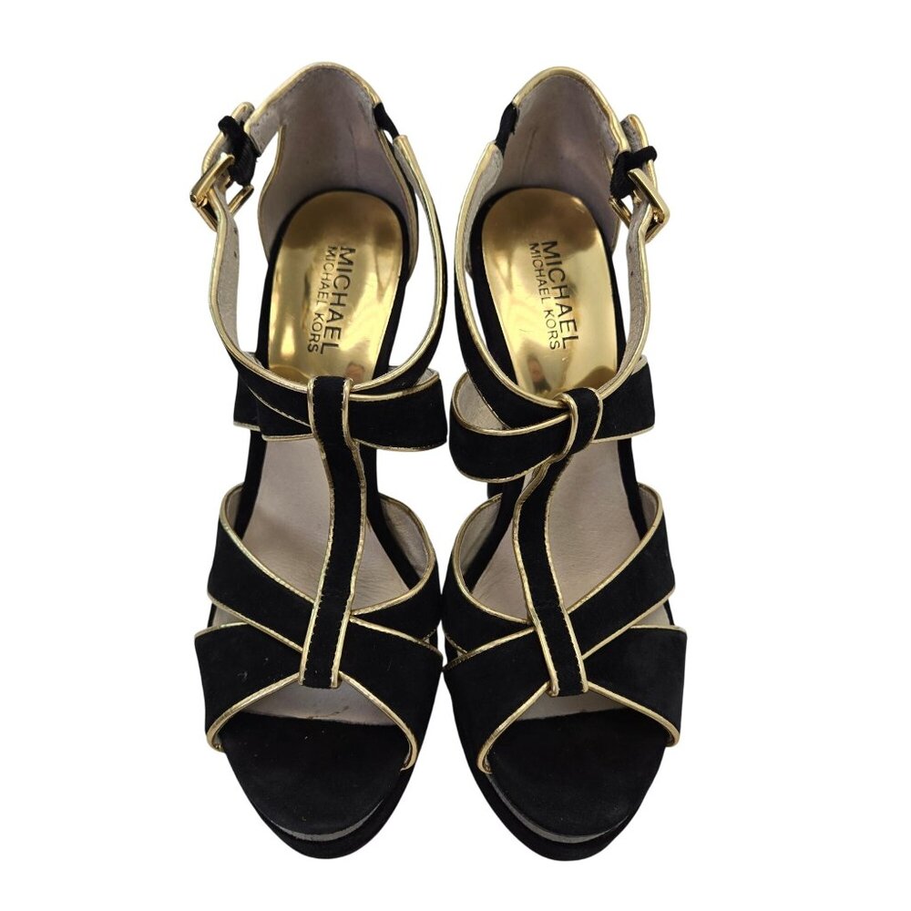 Michael Michael Kors Suede Leather Platform Heels with Gold Accents Size 7.5